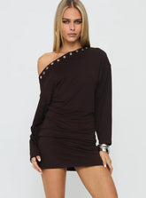 Sakaia Long Sleeve Eyelet Mini Dress Brown